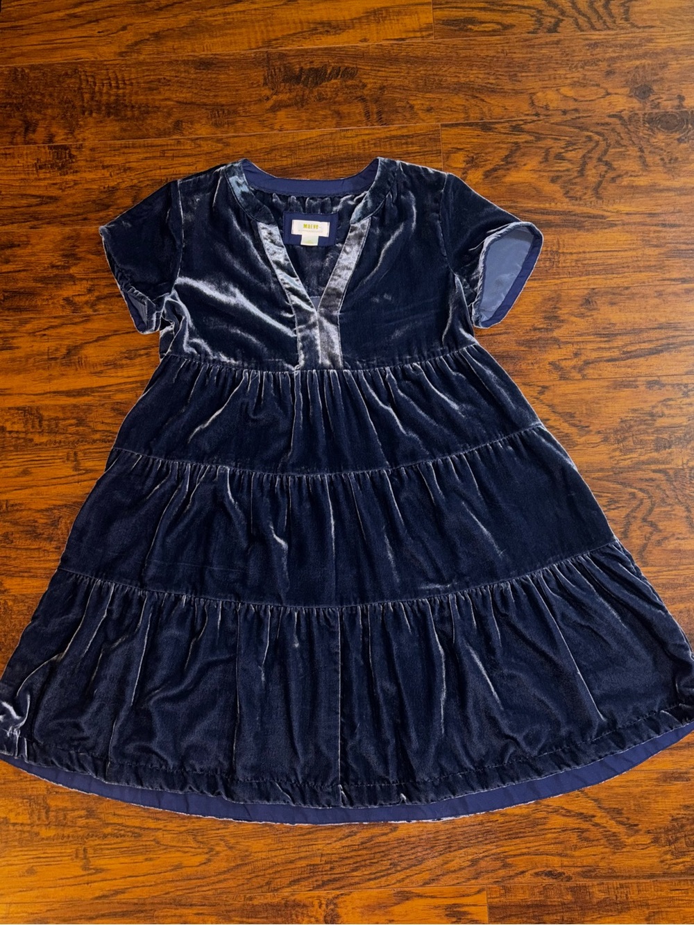 Maeve Anthropologie Velvet Tiered Mini Dress Navy Blue Harper Babydoll Bohemian
